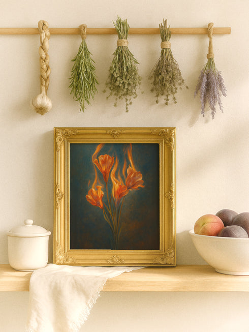Fine art print featuring glowing orange flowers engulfed in flames, set against a deep blue textured background. Printed on archival 285gsm paper with a velvety watercolor texture. Museum-grade quality. Available in multiple sizes. Vintage-inspired ornate frames not included. Artwork evokes symbolism of transformation and inner fire.